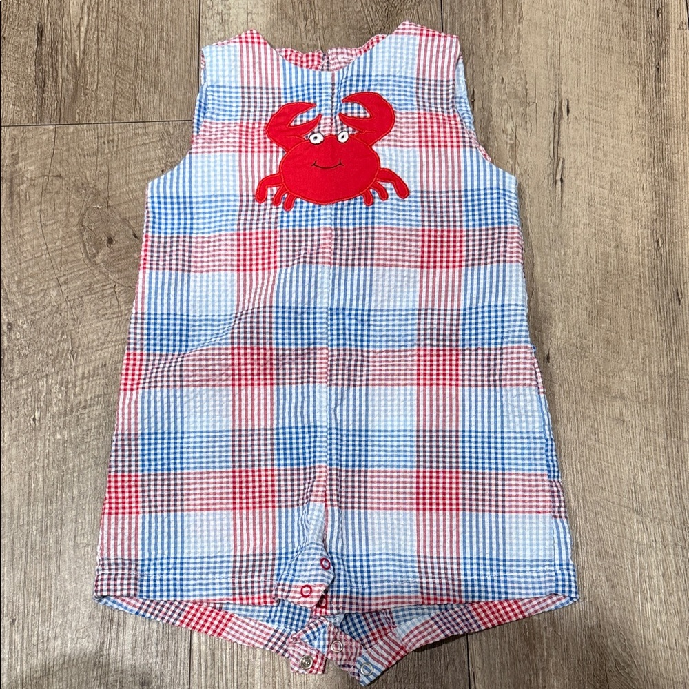 Petit Ami Red and Blue Plaid Baby Romper with Crab